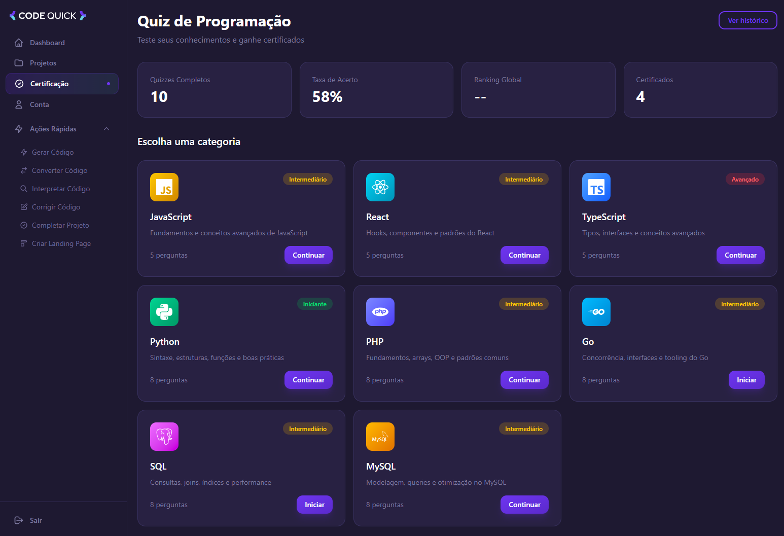 Interface do quiz com IA